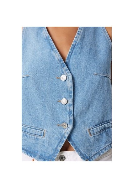 V Yaka Crop Denim Yelek Açık Mavi LYL0002