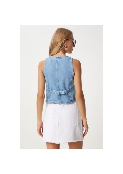 V Yaka Crop Denim Yelek Açık Mavi LYL0002