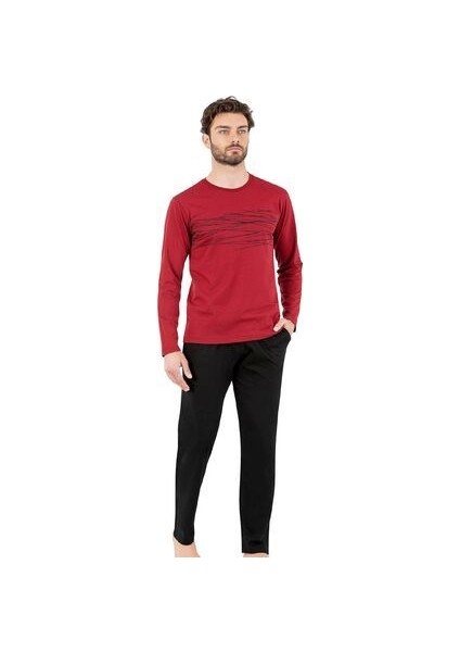6061 Erkek Uzun Kollu Bisiklet Yaka Pijama Takımı-Bordo