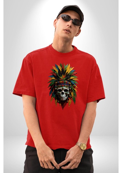 Kurukafa Iskelet Kızılderili Tüy Kartal Şefi Pamuklu Bisiklet Yaka Kadın Erkek Oversize Boyfriend Dijital Baskılı Kırmızı T-Shirt modelleri