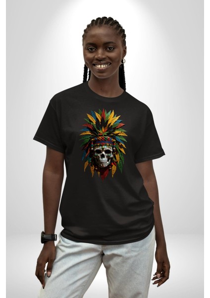 Kurukafa Iskelet Kızılderili Tüy Kartal Şefi Pamuklu Bisiklet Yaka Kadın Erkek Oversize Boyfriend Dijital Baskılı Siyah T-Shirt