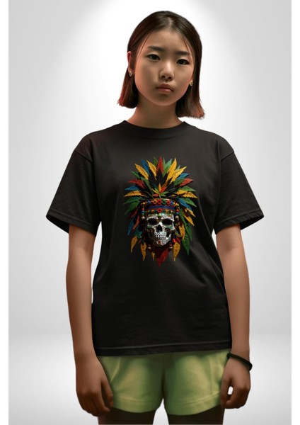 Kurukafa Iskelet Kızılderili Tüy Kartal Şefi Pamuklu Bisiklet Yaka Kadın Erkek Oversize Boyfriend Dijital Baskılı Siyah T-Shirt modelleri