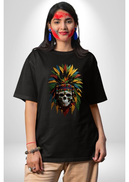 Kurukafa Iskelet Kızılderili Tüy Kartal Şefi Pamuklu Bisiklet Yaka Kadın Erkek Oversize Boyfriend Dijital Baskılı Siyah T-Shirt fırsatları