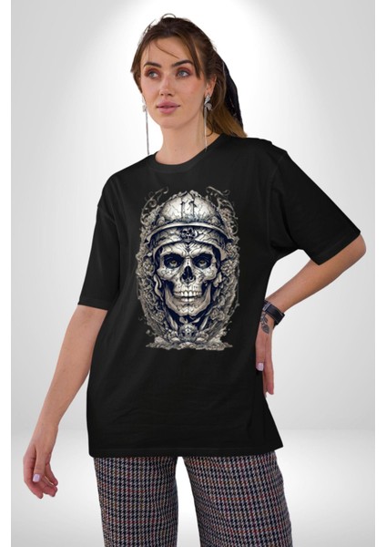 Kask Miğfer Iskelet Asker Pamuklu Bisiklet Yaka Kadın Erkek Oversize Boyfriend Dijital Baskılı Siyah T-Shirt