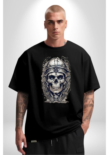 Kask Miğfer Iskelet Asker Pamuklu Bisiklet Yaka Kadın Erkek Oversize Boyfriend Dijital Baskılı Siyah T-Shirt