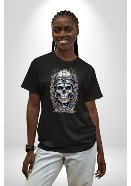 Kask Miğfer Iskelet Asker Pamuklu Bisiklet Yaka Kadın Erkek Oversize Boyfriend Dijital Baskılı Siyah T-Shirt