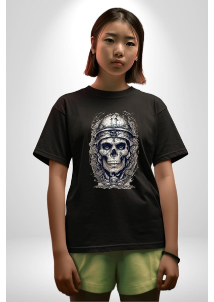 Kask Miğfer Iskelet Asker Pamuklu Bisiklet Yaka Kadın Erkek Oversize Boyfriend Dijital Baskılı Siyah T-Shirt