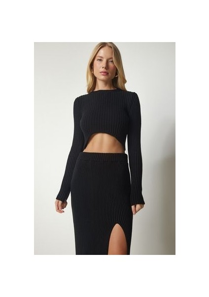 Fitilli Crop Etek Triko Takım Siyah LPF0053