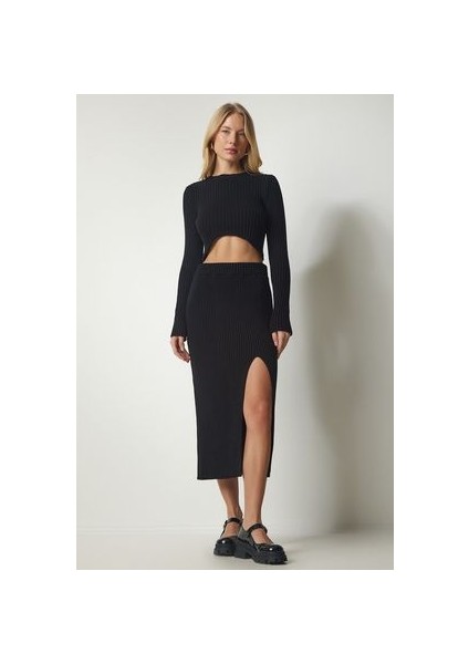 Fitilli Crop Etek Triko Takım Siyah LPF0053 modelleri