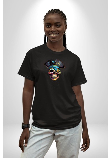 Iskelet Karayip Korsaları Pamuklu Bisiklet Yaka Kadın Erkek Oversize Boyfriend Dijital Baskılı Siyah T-Shirt