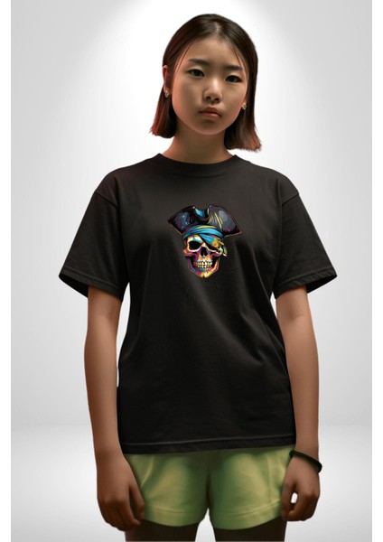 Iskelet Karayip Korsaları Pamuklu Bisiklet Yaka Kadın Erkek Oversize Boyfriend Dijital Baskılı Siyah T-Shirt modelleri