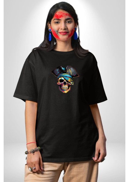 Iskelet Karayip Korsaları Pamuklu Bisiklet Yaka Kadın Erkek Oversize Boyfriend Dijital Baskılı Siyah T-Shirt fırsatları
