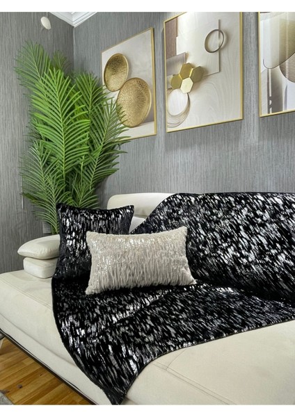 Peluş tavşan baskılı koltuk ve şal seti, 100x160 cm, siyah ve gümüş renk seçenekleri