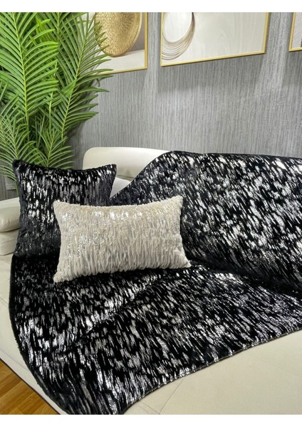 Peluş tavşan baskılı koltuk ve şal seti, 100x160 cm, siyah ve gümüş renk seçenekleri