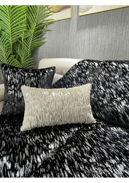 Peluş tavşan baskılı koltuk ve şal seti, 100x160 cm, siyah ve gümüş renk seçenekleri