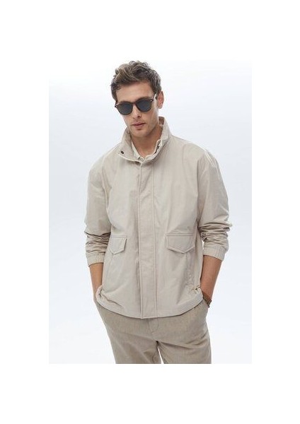 Bej Oversize Fit Dik Yaka Casual Dokuma Mont