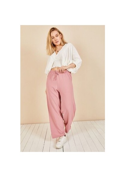 Kadın Pudra Beli Lastikli Bol Paça Salaş Yazlık Pantolon AEROBIN-865829