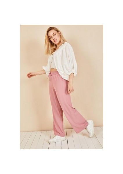 Kadın Pudra Beli Lastikli Bol Paça Salaş Yazlık Pantolon AEROBIN-865829 fiyatları