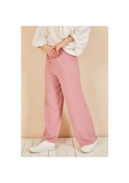 Kadın Pudra Beli Lastikli Bol Paça Salaş Yazlık Pantolon AEROBIN-865829 modelleri