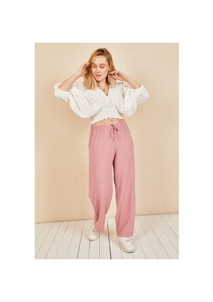Kadın Pudra Beli Lastikli Bol Paça Salaş Yazlık Pantolon AEROBIN-865829 fırsatları