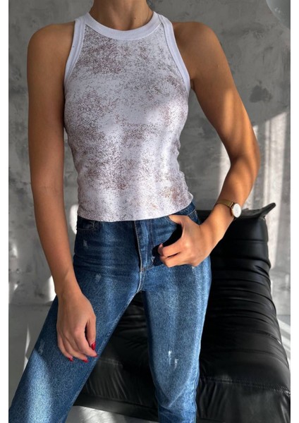Kadın Sim Baskılı Kolsuz Kaşkorse Body 1065
