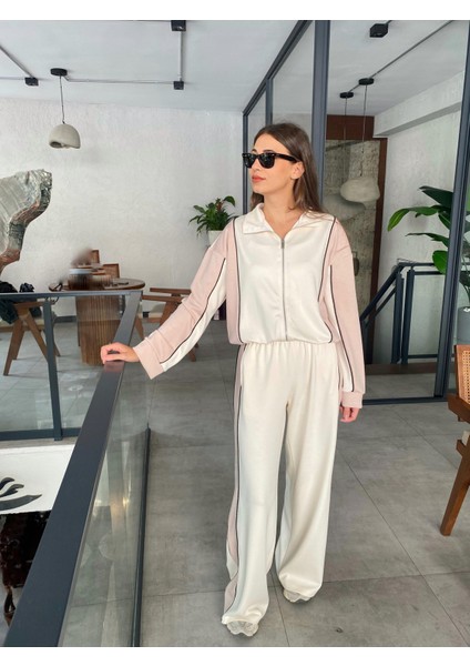 Yanları Bej Şeritli Önü Fermuarlı Kadın Eşofman Takımı