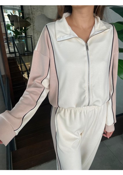 Yanları Bej Şeritli Önü Fermuarlı Kadın Eşofman Takımı indirimleri