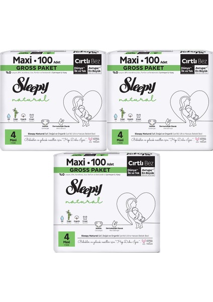 Bebek Bezi Natural Beden:4 7-14 kg Maxi 300 Adet Gross 3 Paket x 100