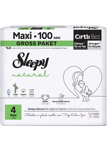 Bebek Bezi Natural Beden:4 7-14 kg Maxi 300 Adet Gross 3 Paket x 100