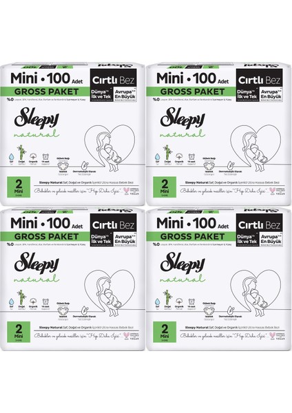 Bebek Bezi Natural Beden:2 3-6 kg Mini 400 Adet Gross 4 Paket x 100