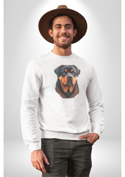 Rottweiler A Secere Kadın Erkek Beyaz Baskılı Sweatshirt