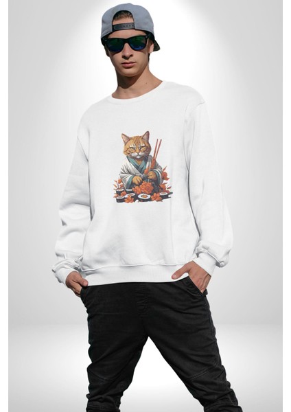 Suşi Balık Çiçek Japon Kedi Kadın Erkek Beyaz Baskılı Sweatshirt fırsatları