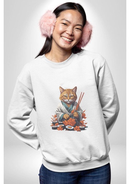 Suşi Balık Çiçek Japon Kedi Kadın Erkek Beyaz Baskılı Sweatshirt indirimleri