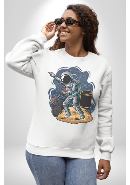Gitar Astronot Müzik Uzay Kadın Erkek Beyaz Baskılı Sweatshirt