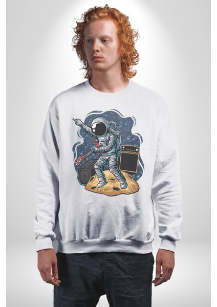 Gitar Astronot Müzik Uzay Kadın Erkek Beyaz Baskılı Sweatshirt fiyatları