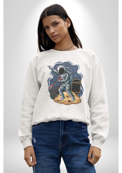 Gitar Astronot Müzik Uzay Kadın Erkek Beyaz Baskılı Sweatshirt modelleri