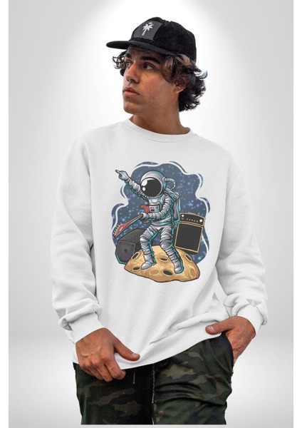 Gitar Astronot Müzik Uzay Kadın Erkek Beyaz Baskılı Sweatshirt fırsatları