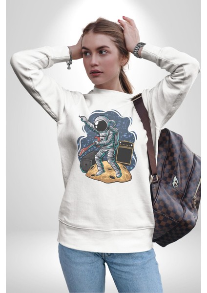 Gitar Astronot Müzik Uzay Kadın Erkek Beyaz Baskılı Sweatshirt indirimleri