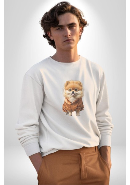 Teacup Pomernian Çeket  Kadın Erkek  Beyaz Baskılı Sweatshirt