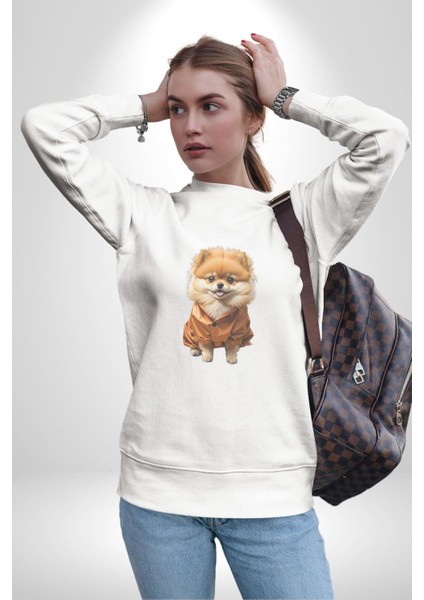 Teacup Pomernian Çeket  Kadın Erkek  Beyaz Baskılı Sweatshirt