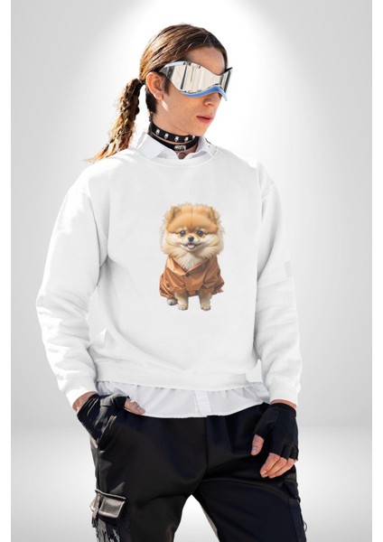 Teacup Pomernian Çeket  Kadın Erkek  Beyaz Baskılı Sweatshirt