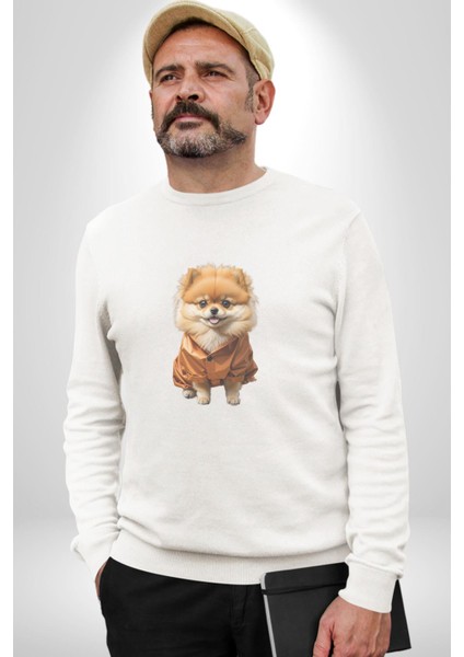 Teacup Pomernian Çeket  Kadın Erkek  Beyaz Baskılı Sweatshirt