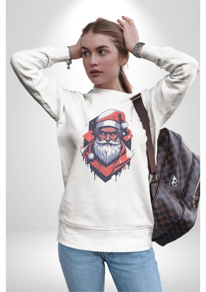 Cool Santa Claus Noel Baba Kadın Erkek Beyaz Baskılı Sweatshirt