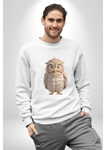Baykuş Kadın Erkek Beyaz Baskılı Sweatshirt