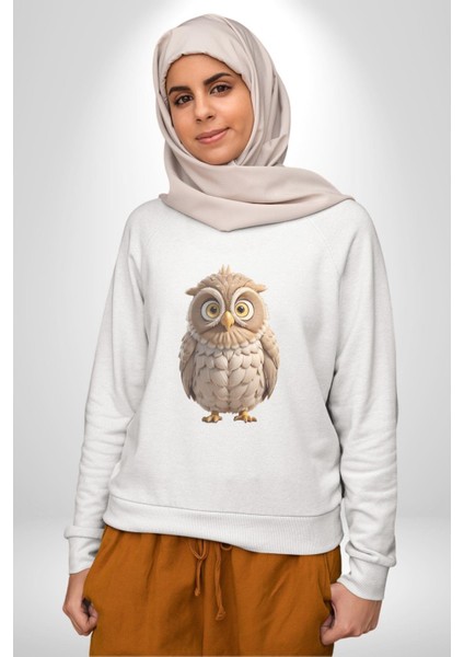 Baykuş Kadın Erkek Beyaz Baskılı Sweatshirt fırsatları