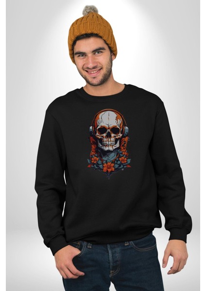 Müzik Kulaklık Takan Kurukafa Kırmızı Gül Kadın Erkek Siyah Baskılı Sweatshirt modelleri
