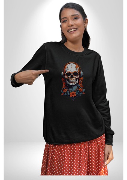 Müzik Kulaklık Takan Kurukafa Kırmızı Gül Kadın Erkek Siyah Baskılı Sweatshirt indirimleri
