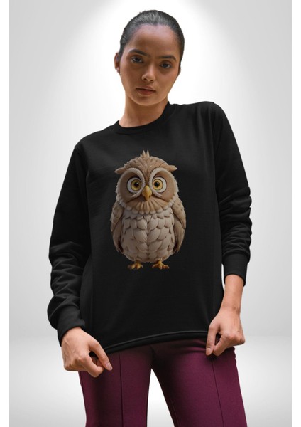 Baykuş Kadın Erkek Siyah Baskılı Sweatshirt modelleri