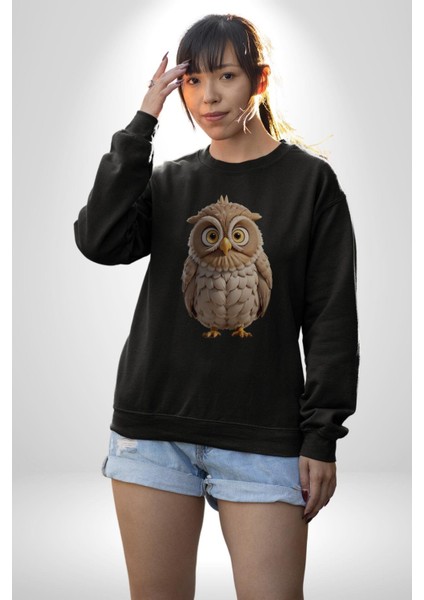 Baykuş Kadın Erkek Siyah Baskılı Sweatshirt indirimleri