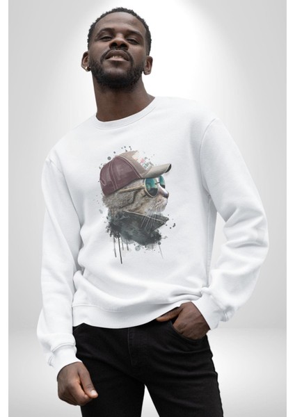 Pilot Çeketli Deri Şapkalı Cool Kedi Kadın Erkek Beyaz Baskılı Sweatshirt